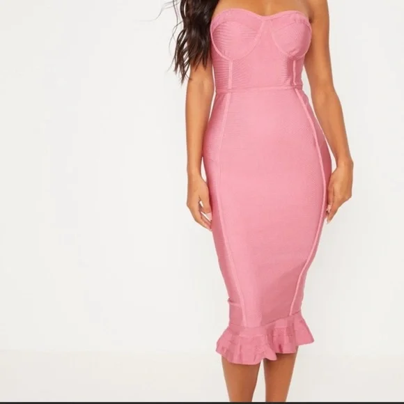 PrettyLittleThing | Dresses | Pink Rose Frill Hem Bandage Dress | Poshmark